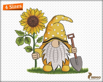 Sunflower Gnome Embroidery Design, Gnome with Sunflower Embroidery Designs, Spring Flower Bee Gnome Digital Machine Embroidery Design Files