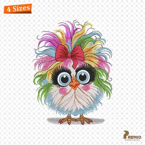 May include: Embroidered design of a colorful cartoon chick with a red bow in its hair. The chick has large blue eyes and a white body with colorful feathers.