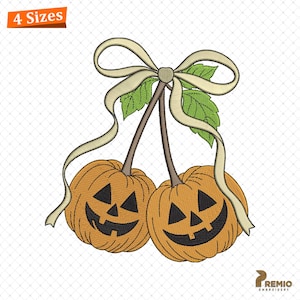 May include: An embroidered design featuring two orange jack-o'-lanterns with smiling faces, connected by brown stems and green leaves. A cream-colored ribbon is tied in a bow at the top. The words "4 Sizes" are in an orange box in the upper left corner.
