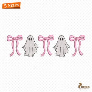 May include: An embroidered design featuring a row of pink bows and white ghost figures with black eyes. The design is set against a white background with a subtle diamond pattern. The text "5 Sizes" is in the upper left corner.