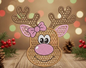 FSL rendierborduurwerkontwerp, FSL kerstrendierornament, vrijstaande Lace vakantie oorbellen borduurwerk, FSL Merry Christmas