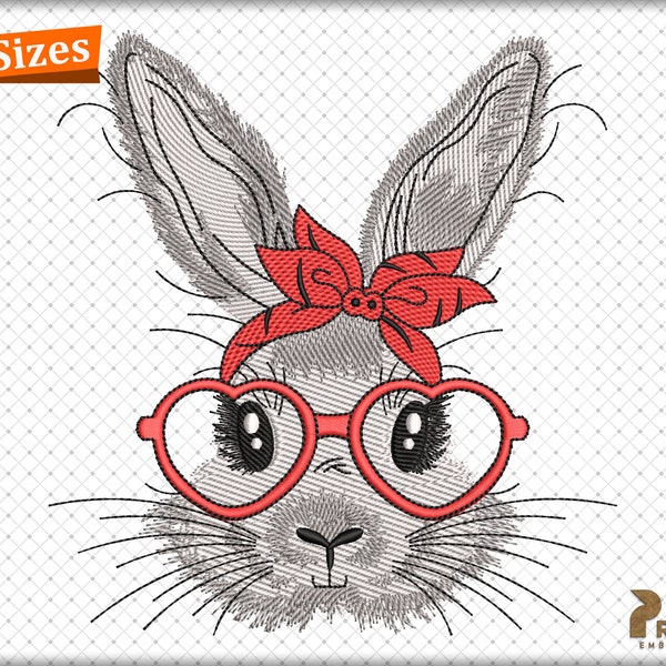 Bunny Embroidery Designs, Bunny Bandana Machine Embroidery Design, Easter Bunny with Glasses Digital Embroidery Design -Instant Download