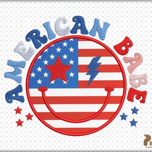May include: Embroidered design featuring a red, white, and blue American flag with a smiley face and a lightning bolt. The words "American Babe" are embroidered around the flag in a circle.