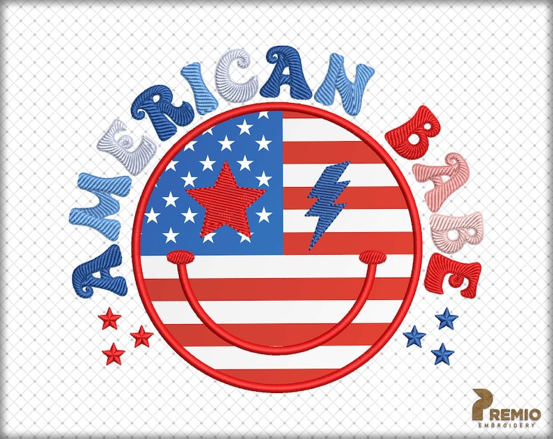 May include: Embroidered design featuring a red, white, and blue American flag with a smiley face and a lightning bolt. The words "American Babe" are embroidered around the flag in a circle.