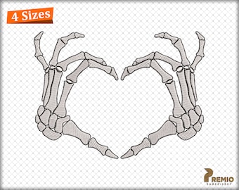 Diseño de bordado de manos de esqueleto, diseño de bordado de calavera espeluznante con mano de esqueleto y corazón, archivos de bordado a máquina de esqueleto espeluznante de Halloween