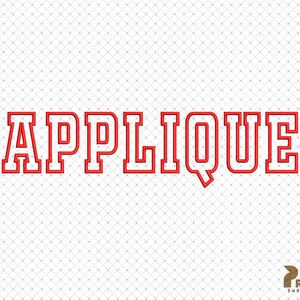 Puede incluir: Dise&ntilde;o de aplique rojo con la palabra "APPUIQUE" en una fuente en negrita y de bloque.