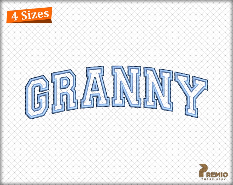 Puede incluir: Dise&ntilde;o bordado de la palabra "GRANNY" en una fuente de estilo universitario azul y blanco. El dise&ntilde;o est&aacute; disponible en cuatro tama&ntilde;os.