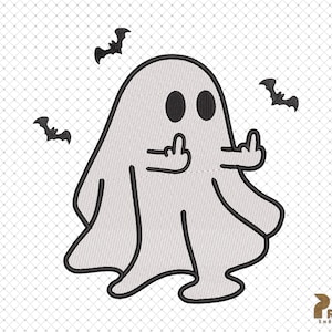 May include: A white ghost with black eyes and outline, giving the middle finger with both hands. Three black bats are flying around the ghost. The design is on a white background with a subtle grid pattern.