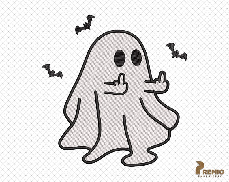 May include: A white ghost with black eyes and outline, giving the middle finger with both hands. Three black bats are flying around the ghost. The design is on a white background with a subtle grid pattern.