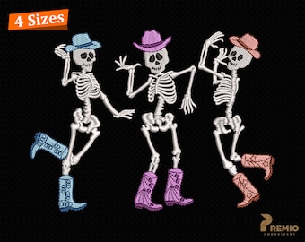 Diseño de bordado de esqueletos danzantes, diseño de bordado de esqueleto de vaquero "Hola", diseño de bordado de Halloween, patrones EMB espeluznantes de botas deslizándose