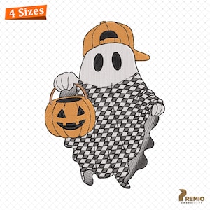 May include: Embroidered design of a ghost wearing an orange baseball cap and a black and white checkered outfit. The ghost is holding an orange pumpkin-shaped candy bucket. The image has the text "4 Sizes" in the upper left corner.