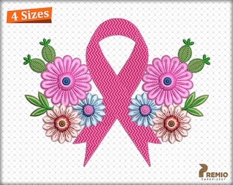 Floral Cancer Ribbon Embroidery Design, Breast Cancer Embroidery Designs, Awareness Breast Cancer Ribbon Machine Embroidery Design Patterns