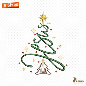 May include: A Christmas tree design in green, with a star at the top and smaller stars scattered around. The tree is formed by a continuous line, with red dots and a nativity scene at the base. The image includes the text "5 Sizes".