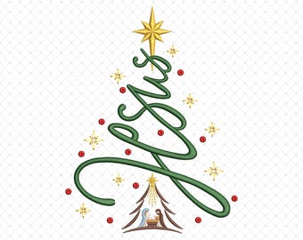 Jezus kruis kerstboom borduurontwerpen, christelijke kerststal feestelijk ontwerp, vrolijk kerstfeest machineborduurbestanden