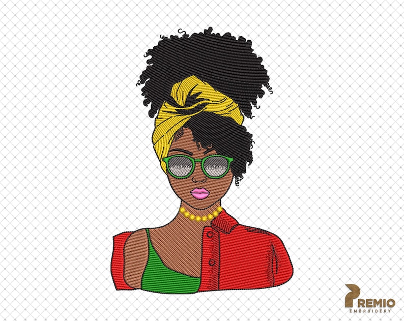 Op de afbeelding: Een digitale illustratie van een vrouw met een afro-kapsel die een gele hoofddoek, een groene zonnebril, een rood shirt en een groene tanktop draagt. Ze draagt een gouden ketting.