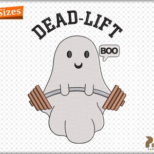 May include: A white ghost with a friendly face is lifting a barbell with the text "DEAD-LIFT" above it and a speech bubble saying "BOO" to the right.