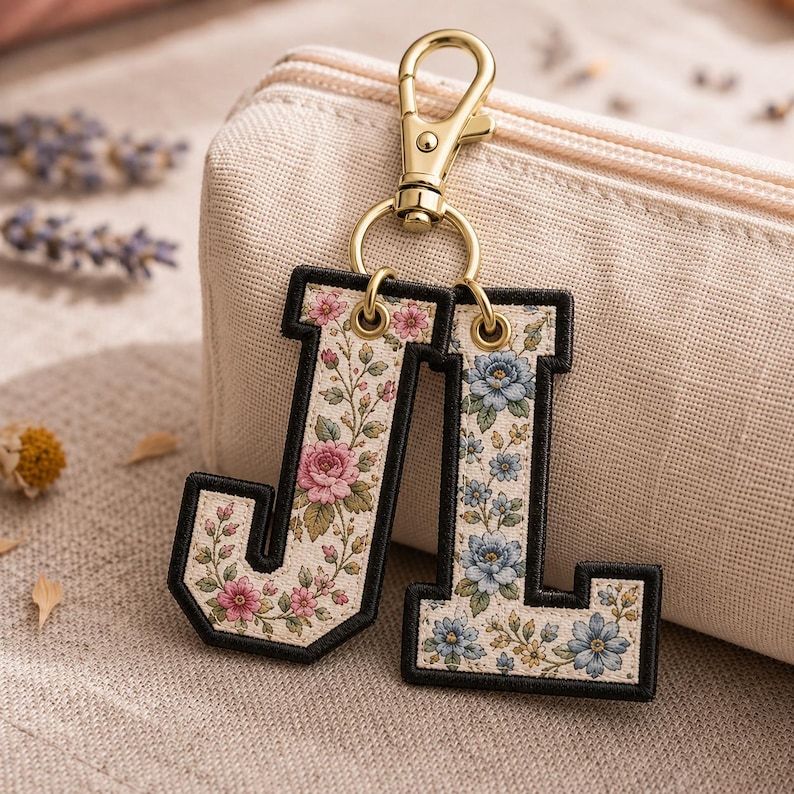 May include: A keychain featuring two embroidered letter charms, J and L, attached to a gold-toned metal lobster clasp. The letter J is decorated with pink floral patterns, while the letter L features blue floral designs, both with black borders.