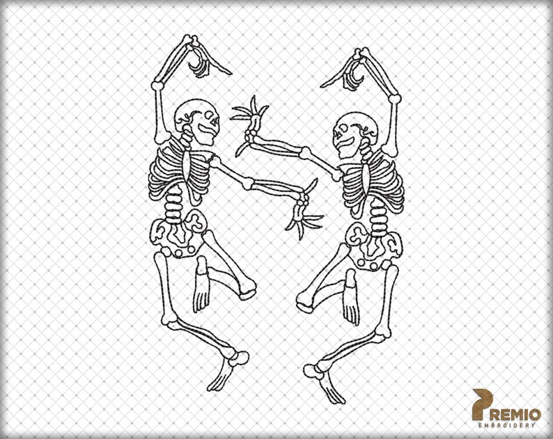 Puede incluir: Un dibujo lineal en blanco y negro de dos esqueletos bailando. Los esqueletos se enfrentan, con los brazos levantados y las piernas dobladas en una pose juguetona. La imagen est&aacute; sobre un fondo punteado.