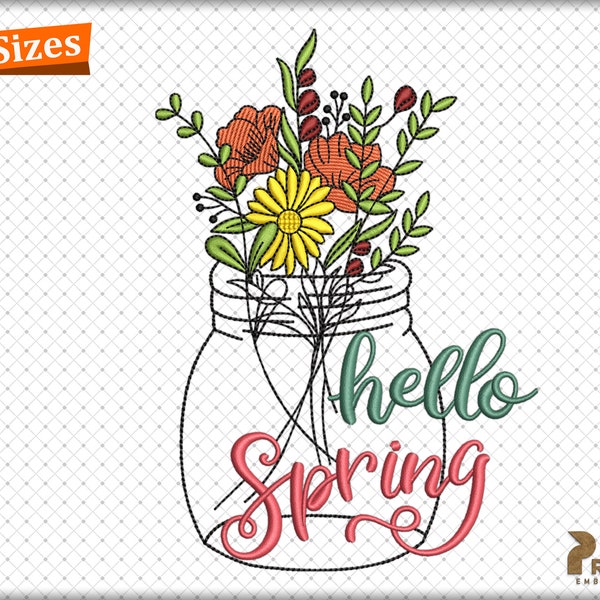 Hello Spring Embroidery Design, Spring Machine Embroidery Design, Welcome Spring Embroidery Files, Spring Flowers Digital Embroidery Design