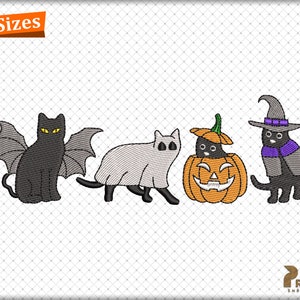 Cat Ghost Embroidery Design, Halloween Witch Cat Embroidery Design, Halloween Cats, Pumpkin Bat Cats Digitizing Machine Embroidery Design