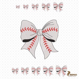 May include: A set of embroidery designs featuring a white bow with red baseball stitching. The designs are available in various sizes.