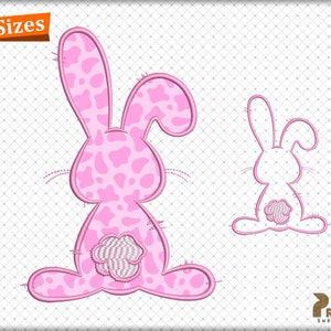 May include: Pink bunny rabbit embroidery design with a spotted pattern. The bunny is sitting with its tail in the air. The design is available in 5 sizes.