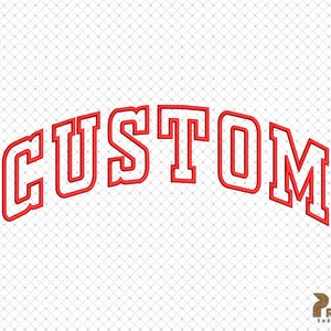 Puede incluir: Texto "Custom" en rojo, en negrita, en forma de arco con un contorno blanco. El texto est&aacute; sobre un fondo blanco con un patr&oacute;n de cuadr&iacute;cula sutil.