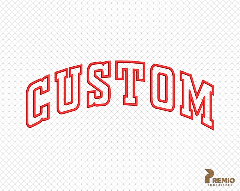 Puede incluir: Texto "Custom" en rojo, en negrita, en forma de arco con un contorno blanco. El texto est&aacute; sobre un fondo blanco con un patr&oacute;n de cuadr&iacute;cula sutil.
