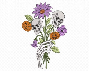 Halloween Floral Skull Embroidery Design, Fall Flowers and Skeleton Embroidery Design, Spooky Floral Pumpkin Bouquet Embroidery Design Files