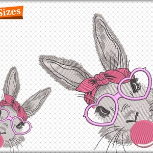 Easter Bunny Embroidery Designs, Easter Bubble Bunny with Heart Glasses Embroidery Design, Bandana Bow Bunny Embroidery Designs