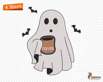 かわいいゴーストの刺繍デザイン、ハロウィーンのゴーストのデザイン、コーヒー好きのゴーストの刺繍デザイン、コーヒーを飲むゴーストのマシンの刺繍ファイル