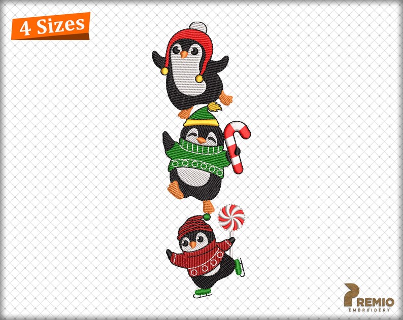 May include: Three penguins wearing winter hats and scarves, one holding a candy cane and another holding a candy. The penguins are stacked on top of each other.