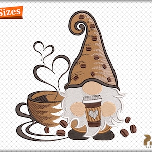 May include: A brown and white gnome with a coffee cup in its hand. The gnome is wearing a brown hat with coffee beans on it. The gnome is sitting on a brown coffee cup with steam coming out of it. There are coffee beans scattered around the gnome.