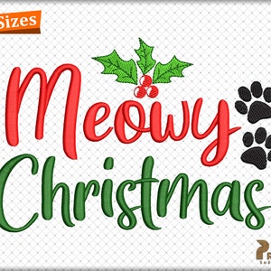 Design de bordado de Natal Meowy, arquivos de bordado de máquina de Natal de gato engraçado, festivo, gato, Natal, arquivos de design de bordado de amante de gato