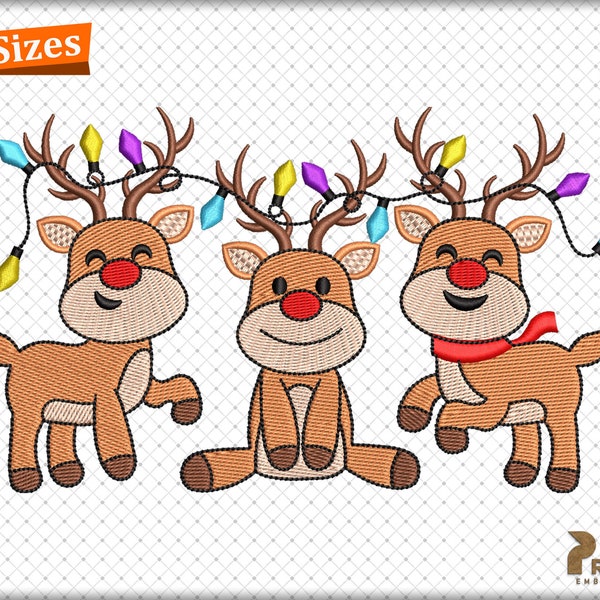 Christmas Reindeers Embroidery Design, Reindeer Machine Embroidery Files, Christmas Light Reindeer Embroidery DesignS - INSTANT DOWNLOADS