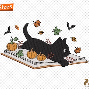 Halloween Cat Book Embroidery Designs, Floral Cat Embroidery Design, Fall Teacher Machine Embroidery File, Just One More Chapter Designs