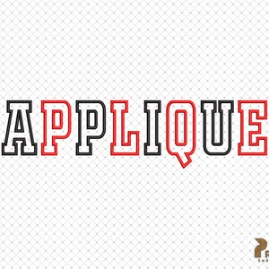 Puede incluir: Dise&ntilde;o de bordado de aplique con contorno rojo y relleno negro. La palabra "Applique" est&aacute; escrita en una fuente negrita y en bloque.