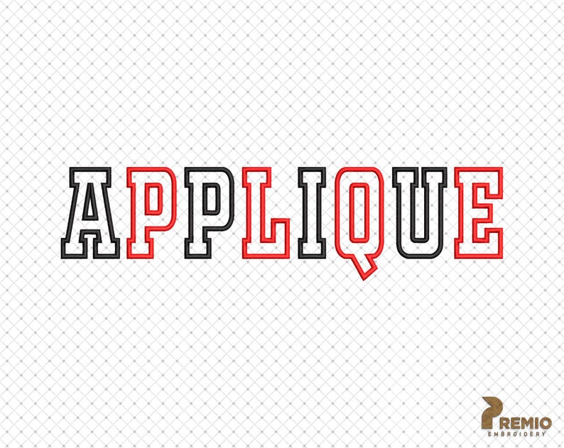 Puede incluir: Dise&ntilde;o de bordado de aplique con contorno rojo y relleno negro. La palabra "Applique" est&aacute; escrita en una fuente negrita y en bloque.