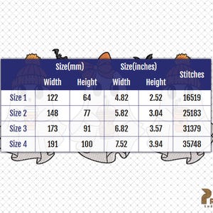 May include: A table showing the size, width, height, and stitch count for four sizes of an embroidery design. The design is of a ghost and a pumpkin with a bat flying overhead. The sizes are listed in millimeters and inches.