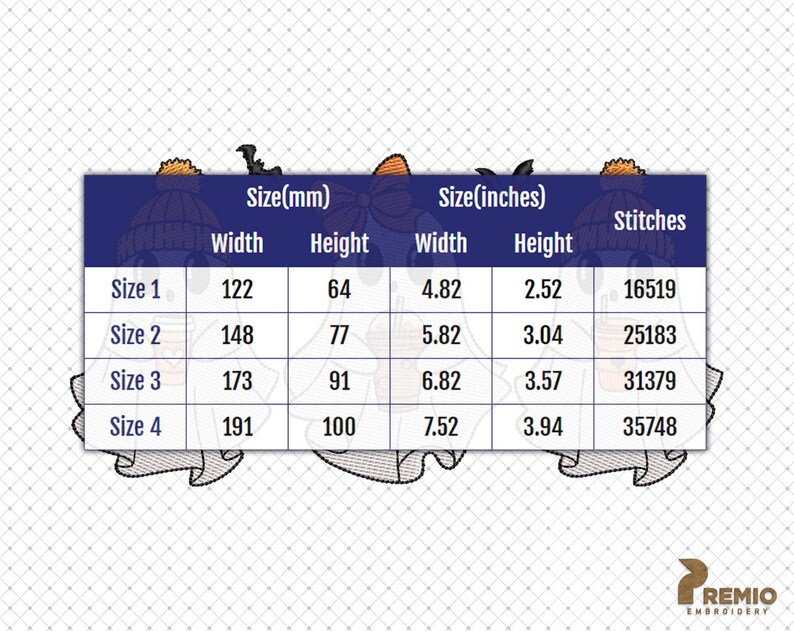 May include: A table showing the size, width, height, and stitch count for four sizes of an embroidery design. The design is of a ghost and a pumpkin with a bat flying overhead. The sizes are listed in millimeters and inches.