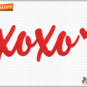 May include: Red embroidered "xoxo" with a small red heart. Valentine's Day embroidery design.