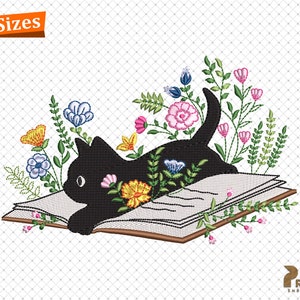 Floral Cat Embroidery Design, Floral Cat Book Embroidery Design, Floral Books Teacher Machine Embroidery File, Just One More Chapter Designs