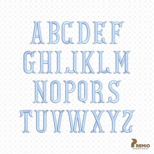May include: A complete set of uppercase English alphabet letters from A to Z, rendered in a light blue color with a distinct embroidery-style texture. Each letter features a decorative serif font design, arranged in four rows on a white background.