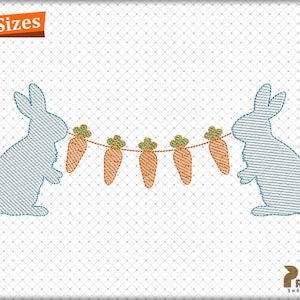 May include: Two gray bunnies facing each other with a string of five orange carrots hanging between them.