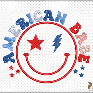 May include: Red, white, and blue embroidery design with the words "American Babe" in a circle around a smiley face with a star and lightning bolt.