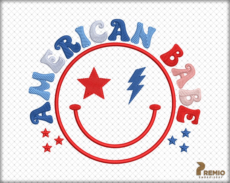 May include: Red, white, and blue embroidery design with the words "American Babe" in a circle around a smiley face with a star and lightning bolt.