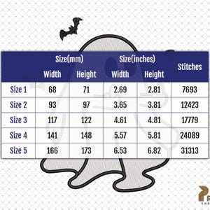 May include: An embroidery design featuring a ghost with a bat above it. The design includes size details in inches and millimeters, with width and height measurements ranging from 2.69" to 6.82" and 68mm to 173mm, respectively. The number of stitches is also listed.
