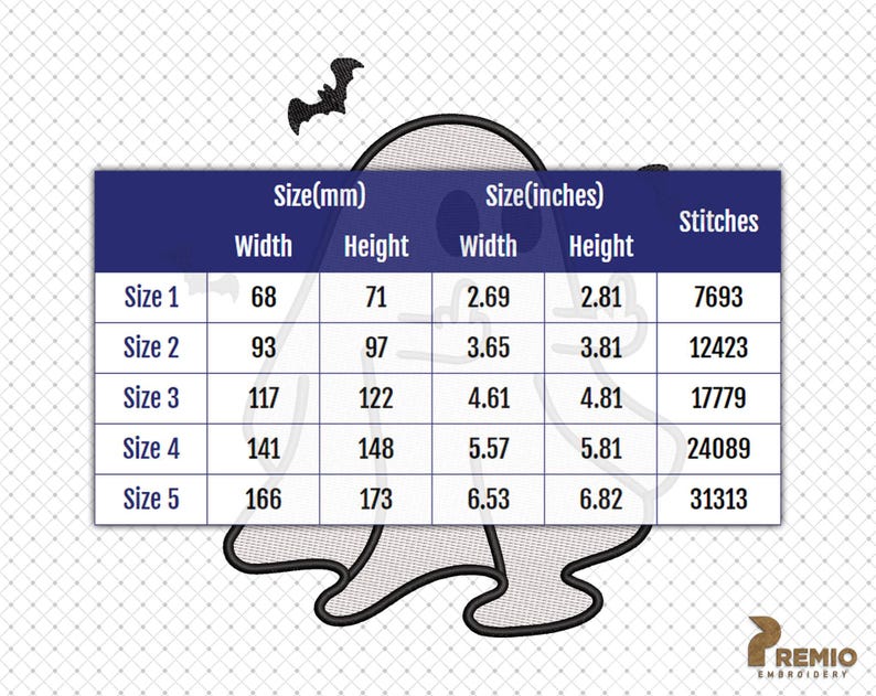 May include: An embroidery design featuring a ghost with a bat above it. The design includes size details in inches and millimeters, with width and height measurements ranging from 2.69" to 6.82" and 68mm to 173mm, respectively. The number of stitches is also listed.
