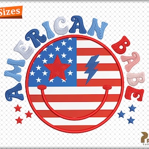 May include: American Babe embroidery design featuring a red, white, and blue smiley face with a lightning bolt inside. The design is surrounded by the words "American Babe" in a blue and pink font.