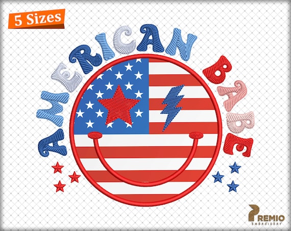 American Smiley Applique Embroidery Design, 4th of July American Baby Embroidery Design, Retro America Babe Applique Machine Designs Files
